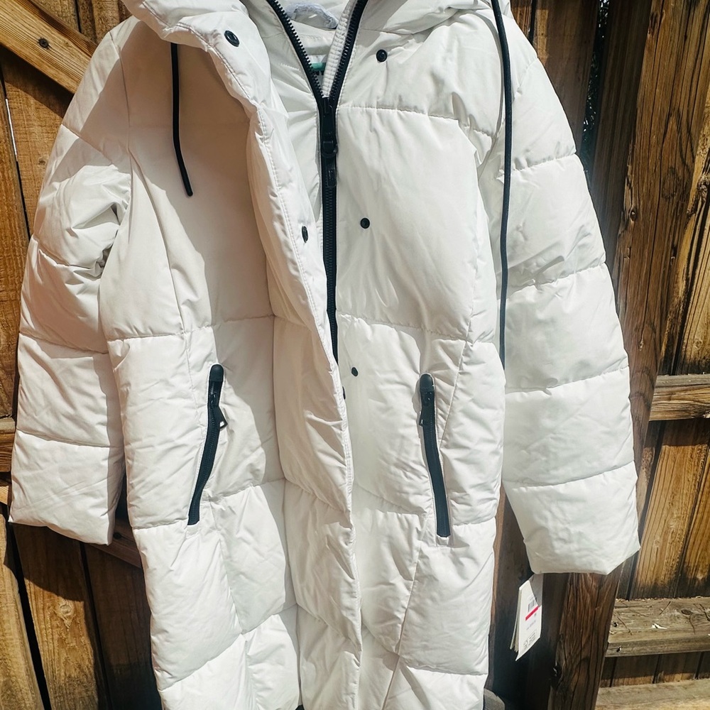 DKNY White Hooded Long Puffer Coat with Black Trim
